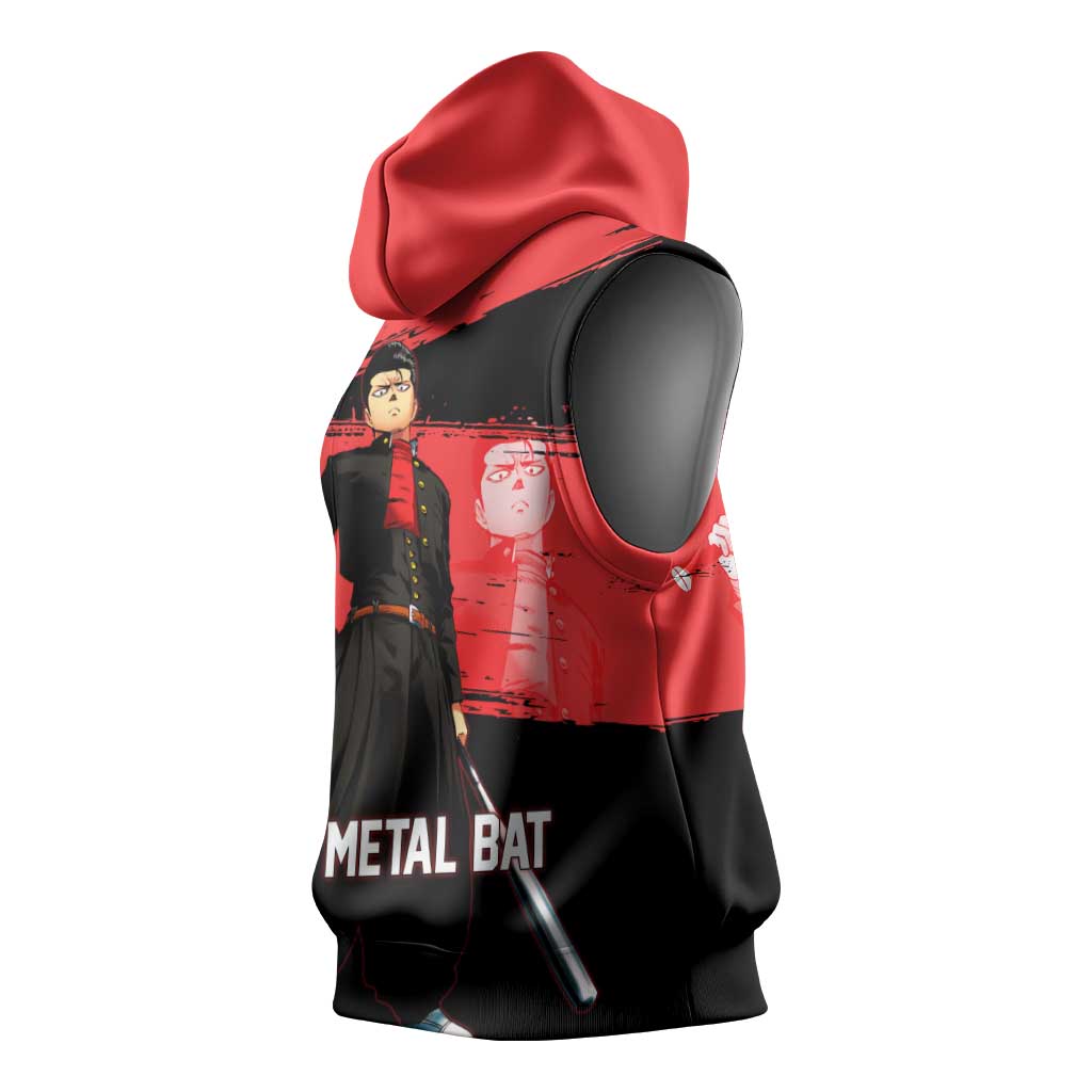 Metal Bat One Punch Man Anime Red and Black Theme Sleeveless Hoodie with Street Fighter Style and Bold Bat Stance - The Mazicc