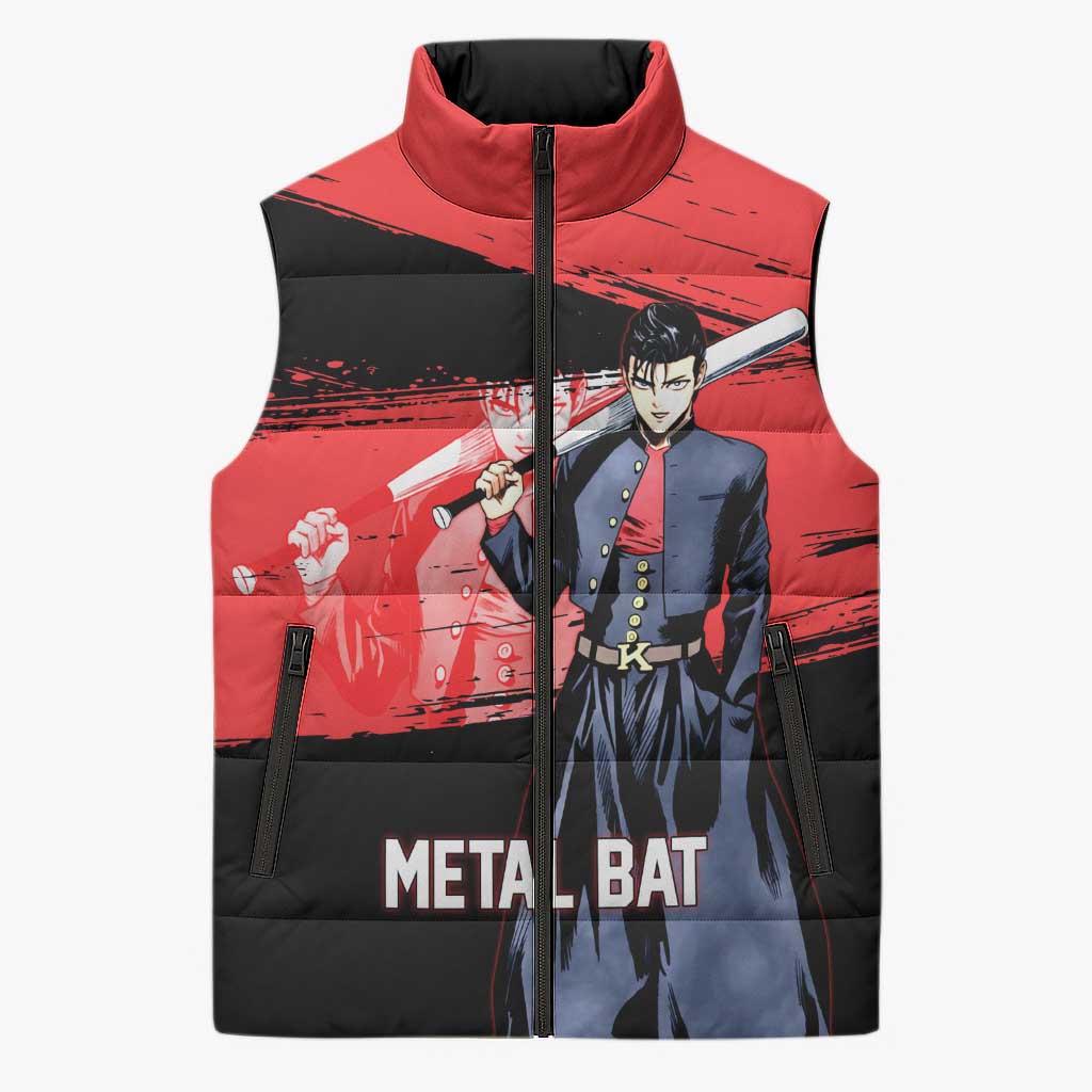 Metal Bat One Punch Man Anime Red and Black Theme Sleeveless Puffer Jacket with Street Fighter Style and Bold Bat Stance - The Mazicc
