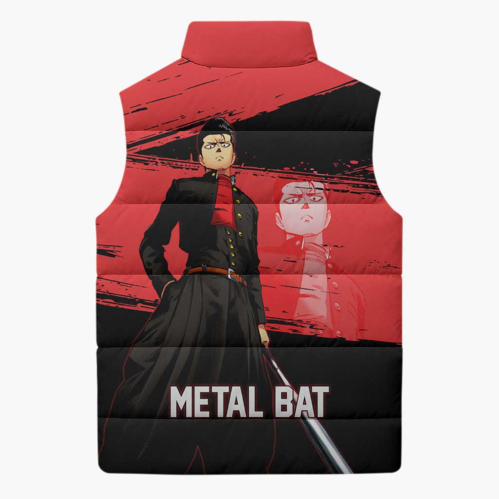 Metal Bat One Punch Man Anime Red and Black Theme Sleeveless Puffer Jacket with Street Fighter Style and Bold Bat Stance - The Mazicc