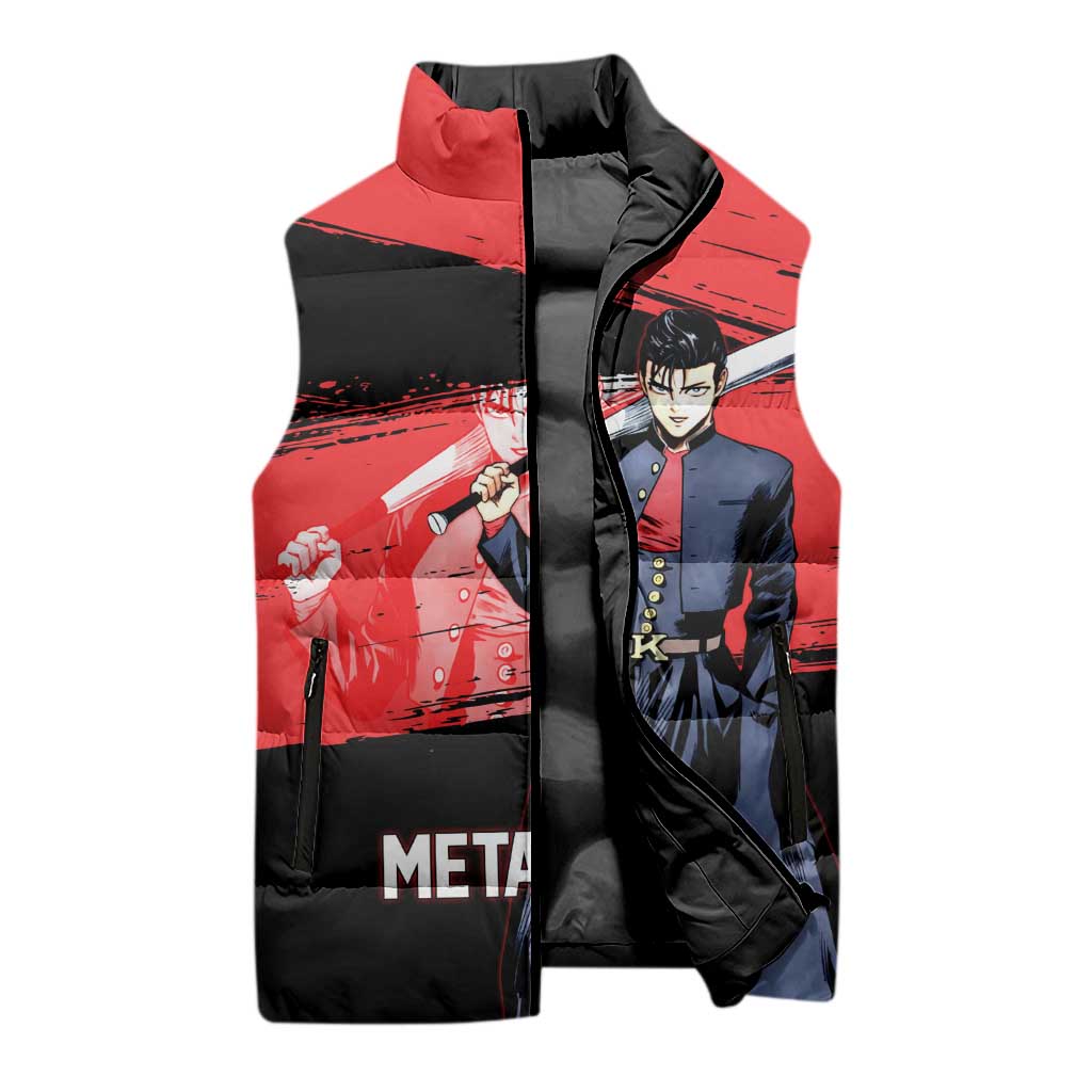Metal Bat One Punch Man Anime Red and Black Theme Sleeveless Puffer Jacket with Street Fighter Style and Bold Bat Stance - The Mazicc