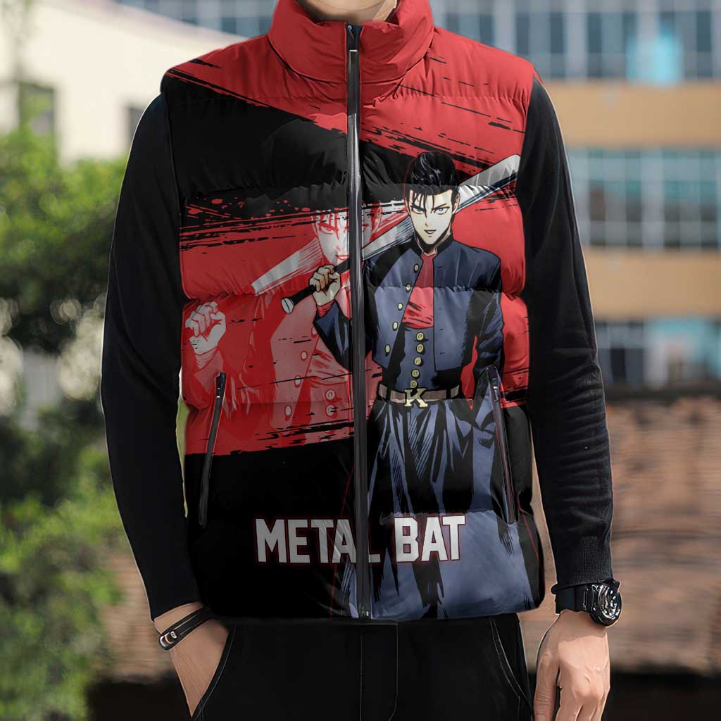 Metal Bat One Punch Man Anime Red and Black Theme Sleeveless Puffer Jacket with Street Fighter Style and Bold Bat Stance - The Mazicc