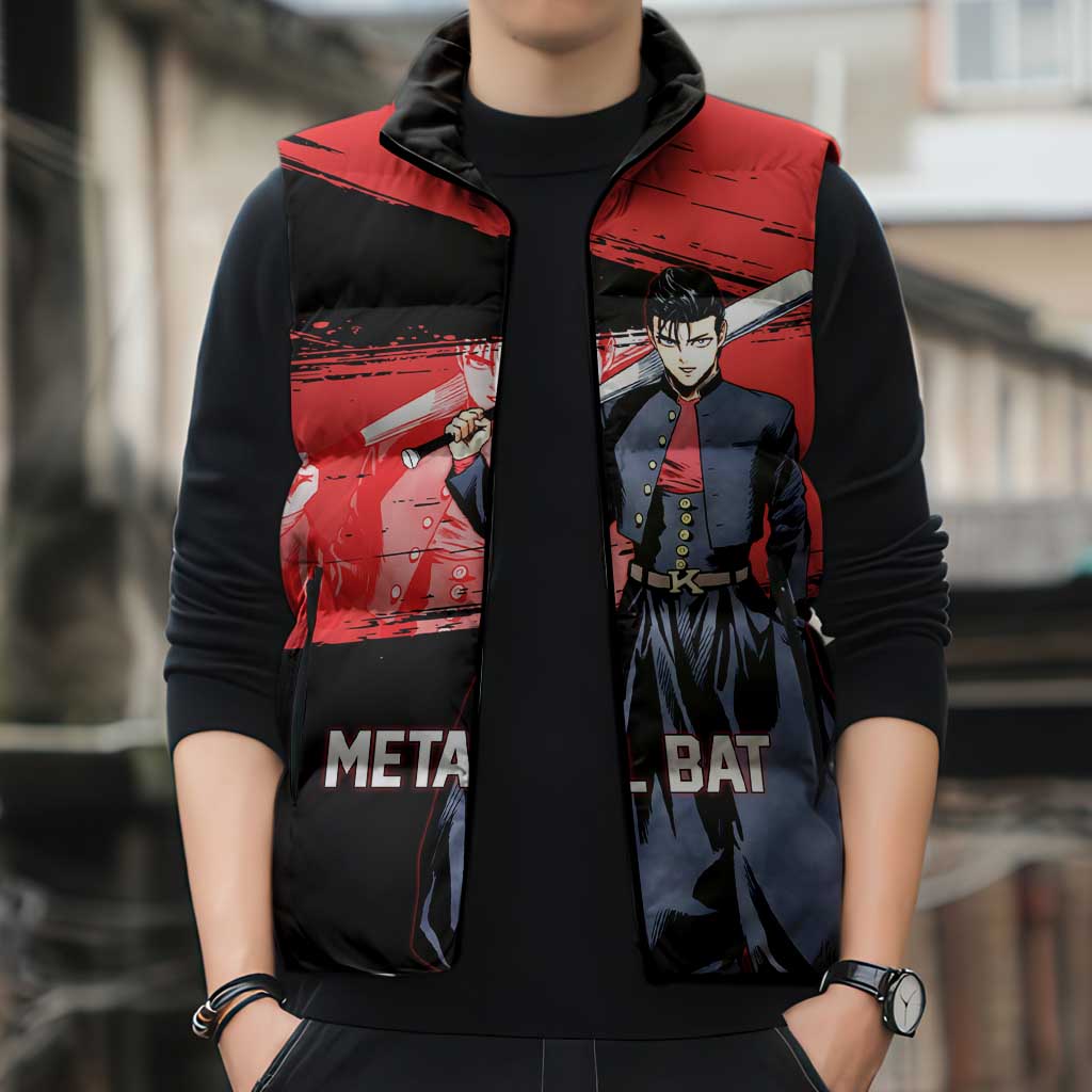 Metal Bat One Punch Man Anime Red and Black Theme Sleeveless Puffer Jacket with Street Fighter Style and Bold Bat Stance - The Mazicc