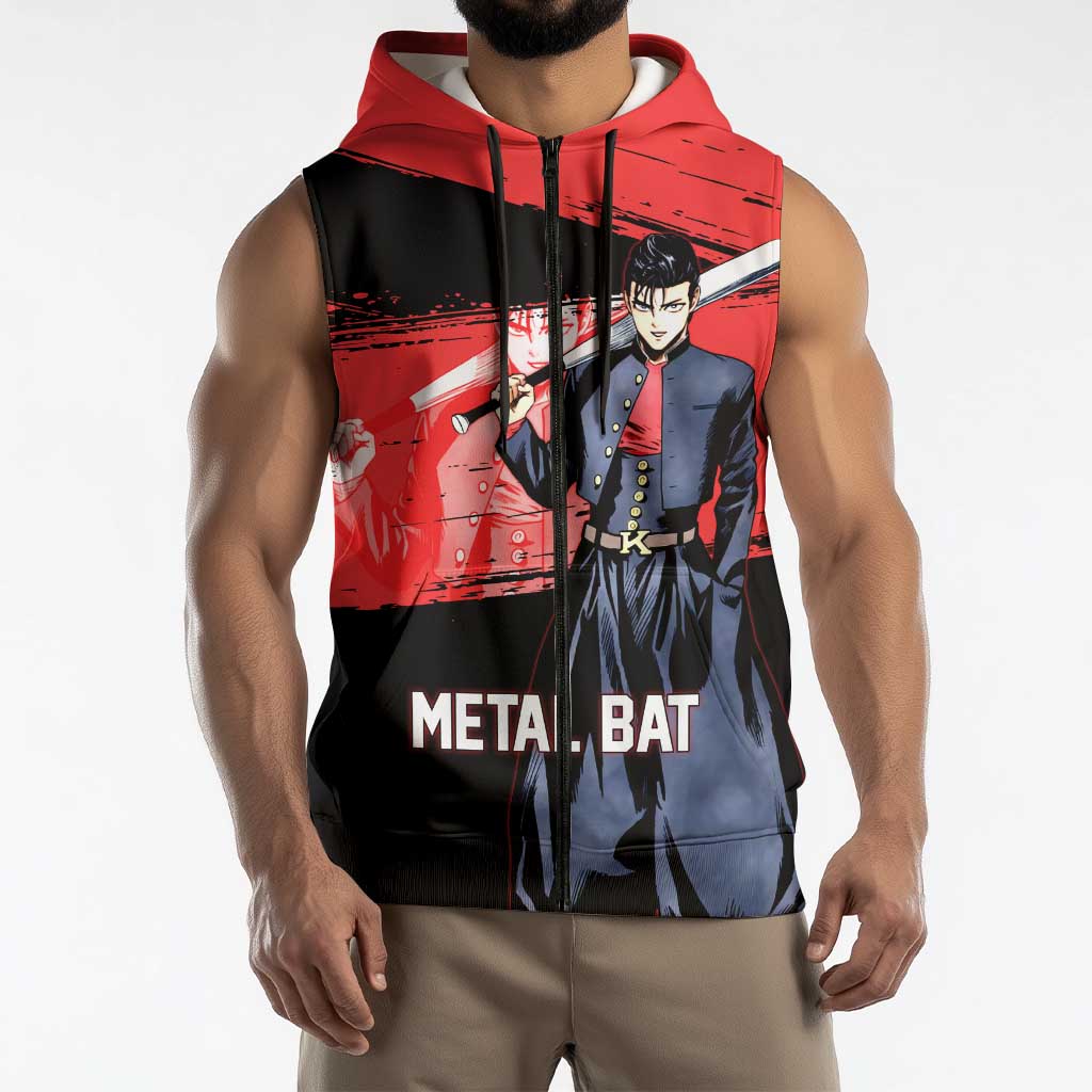 Metal Bat One Punch Man Anime Red and Black Theme Sleeveless Zip Hoodie with Street Fighter Style and Bold Bat Stance - The Mazicc