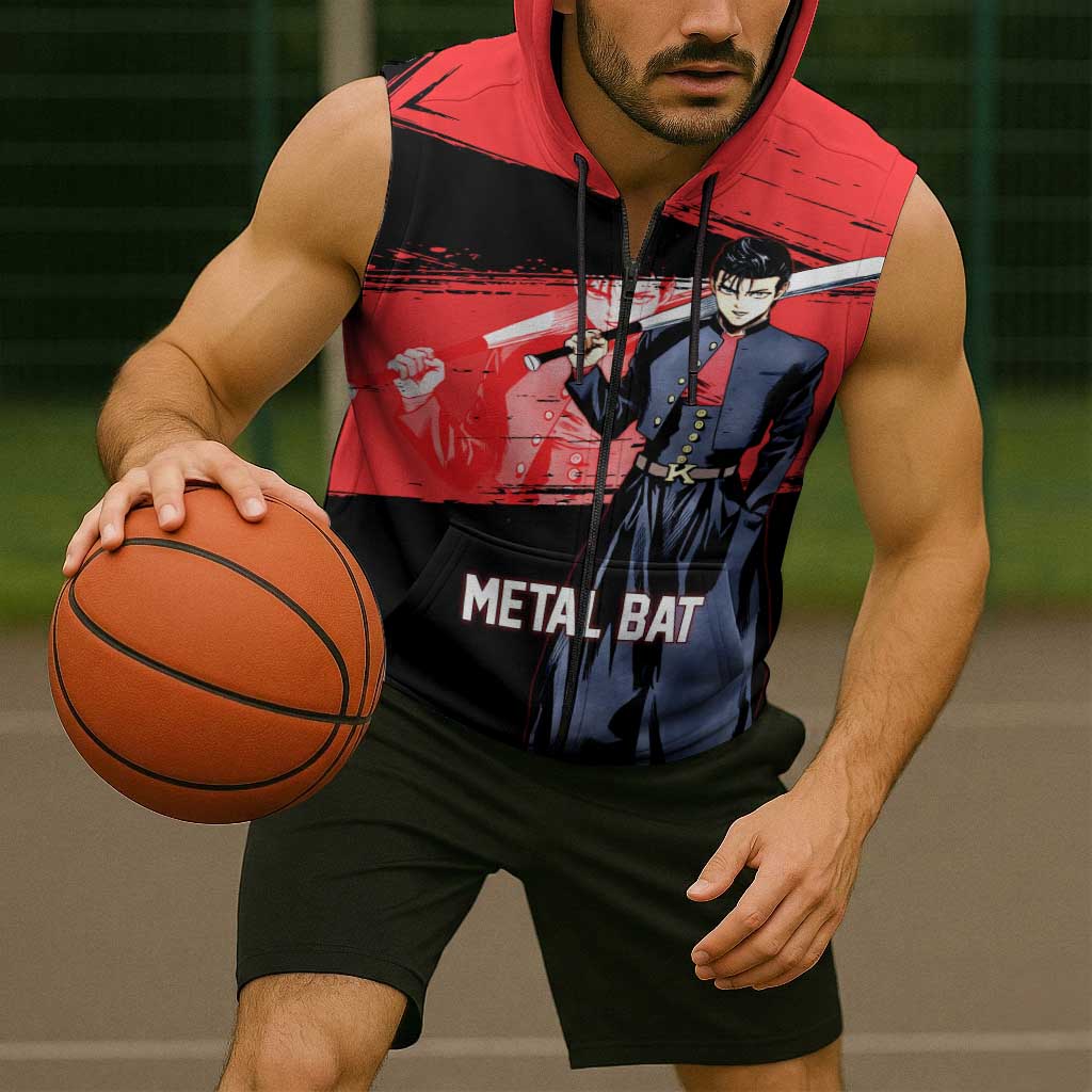 Metal Bat One Punch Man Anime Red and Black Theme Sleeveless Zip Hoodie with Street Fighter Style and Bold Bat Stance - The Mazicc