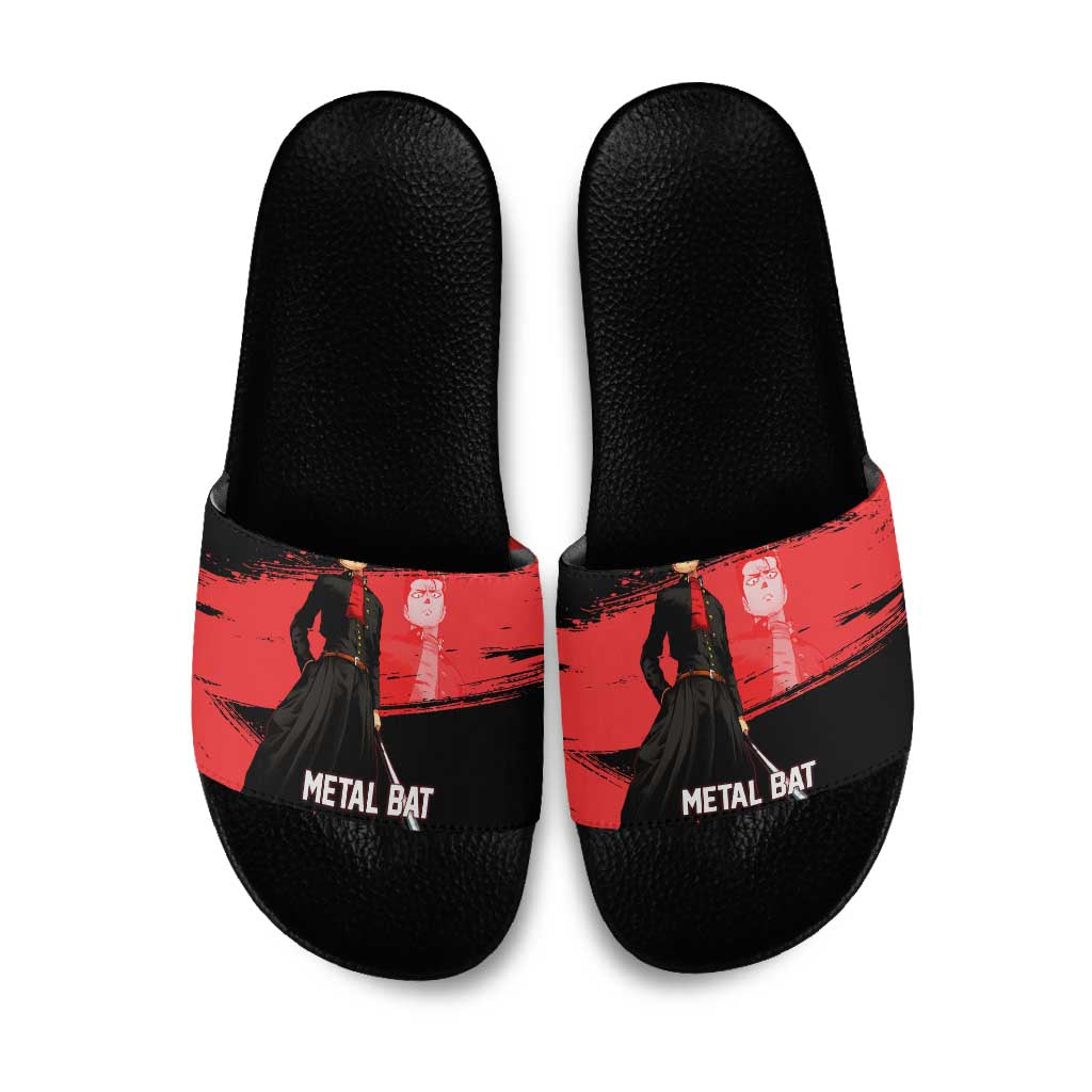Metal Bat One Punch Man Anime Red and Black Theme Slide Sandals with Street Fighter Style and Bold Bat Stance - The Mazicc