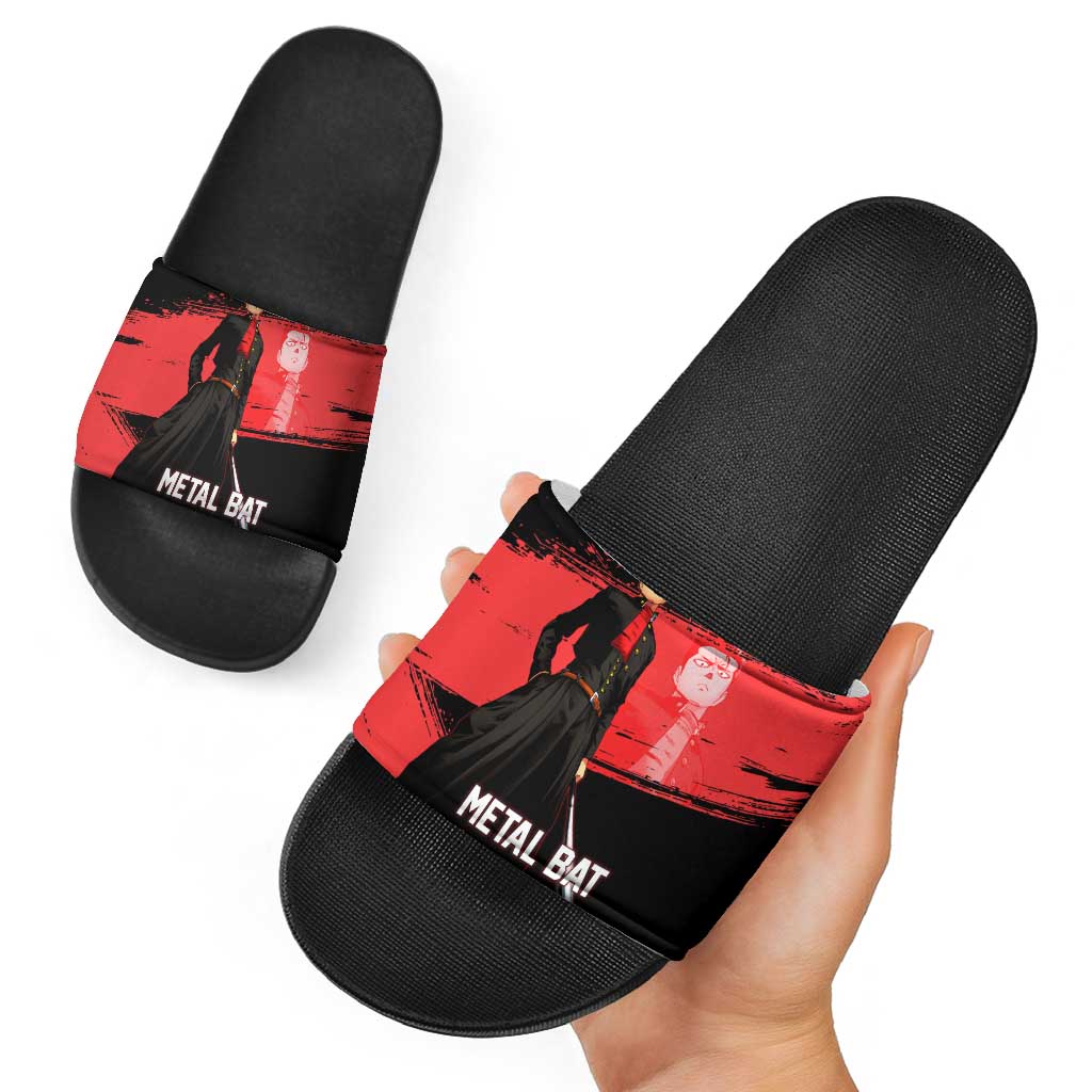 Metal Bat One Punch Man Anime Red and Black Theme Slide Sandals with Street Fighter Style and Bold Bat Stance - The Mazicc
