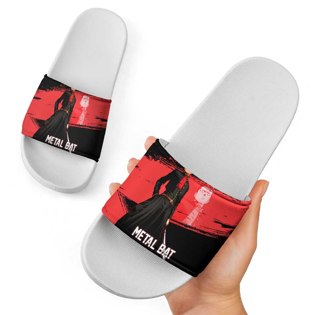 Metal Bat One Punch Man Anime Red and Black Theme Slide Sandals with Street Fighter Style and Bold Bat Stance - The Mazicc