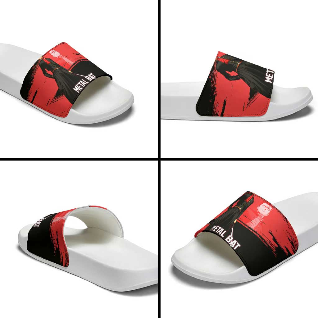 Metal Bat One Punch Man Anime Red and Black Theme Slide Sandals with Street Fighter Style and Bold Bat Stance - The Mazicc