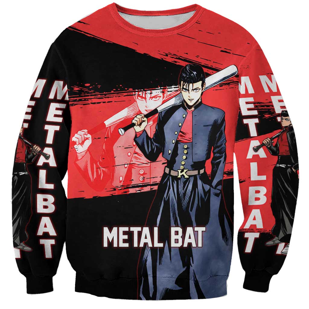 Metal Bat One Punch Man Anime Red and Black Theme Sweatshirt with Street Fighter Style and Bold Bat Stance - The Mazicc