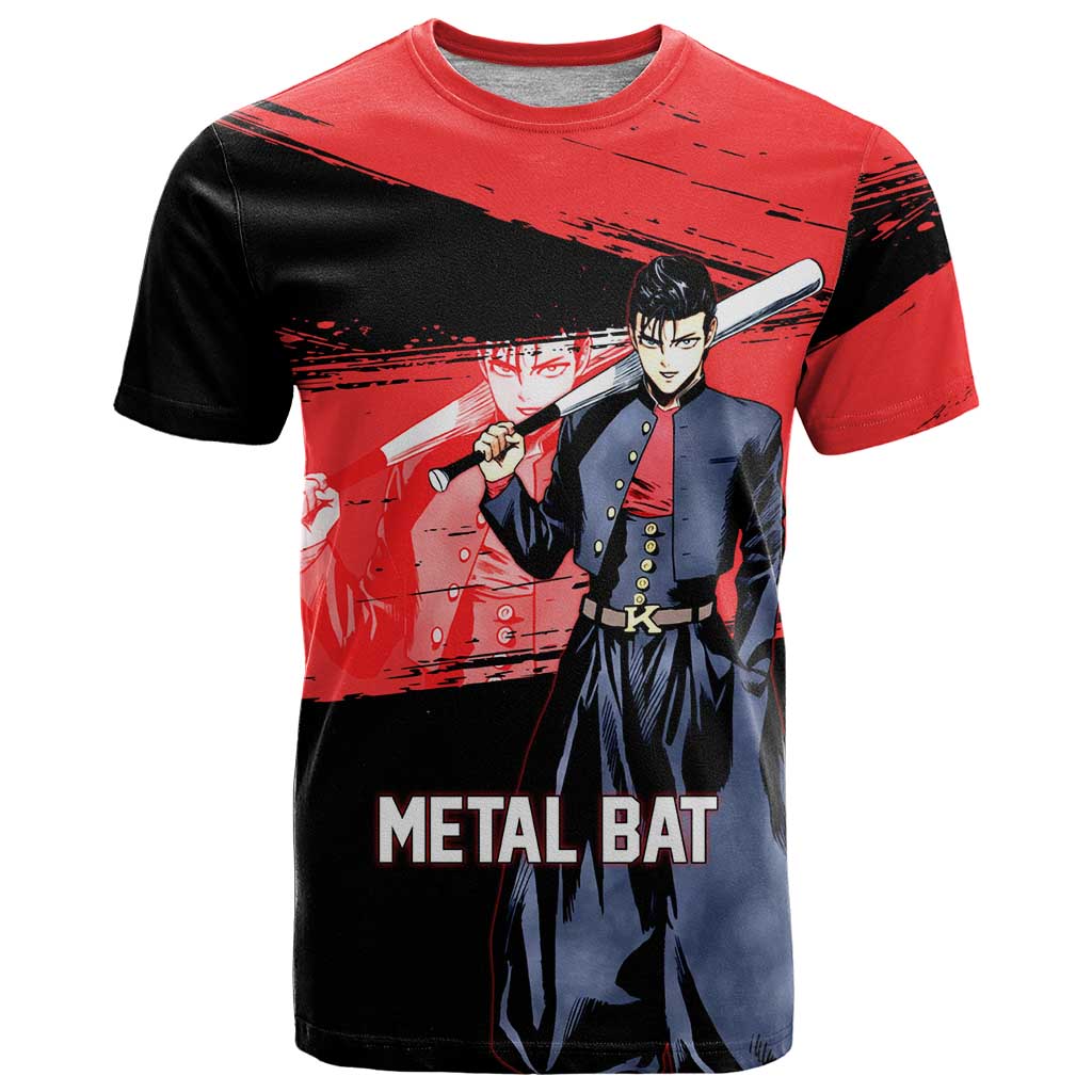 Metal Bat One Punch Man Anime Red and Black Theme T Shirt with Street Fighter Style and Bold Bat Stance - The Mazicc