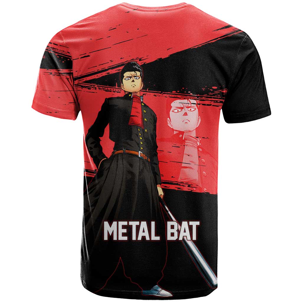 Metal Bat One Punch Man Anime Red and Black Theme T Shirt with Street Fighter Style and Bold Bat Stance - The Mazicc