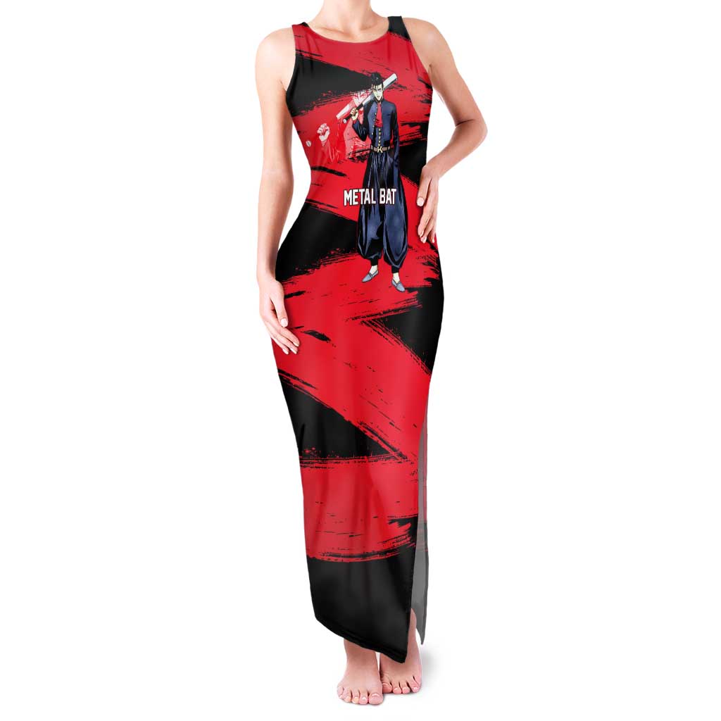 Metal Bat One Punch Man Anime Red and Black Theme Tank Maxi Dress with Street Fighter Style and Bold Bat Stance - The Mazicc