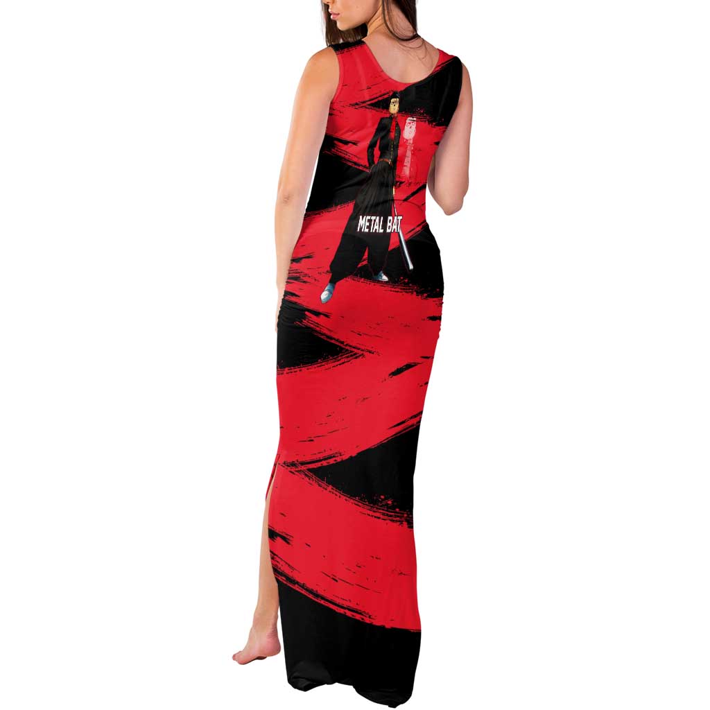 Metal Bat One Punch Man Anime Red and Black Theme Tank Maxi Dress with Street Fighter Style and Bold Bat Stance - The Mazicc