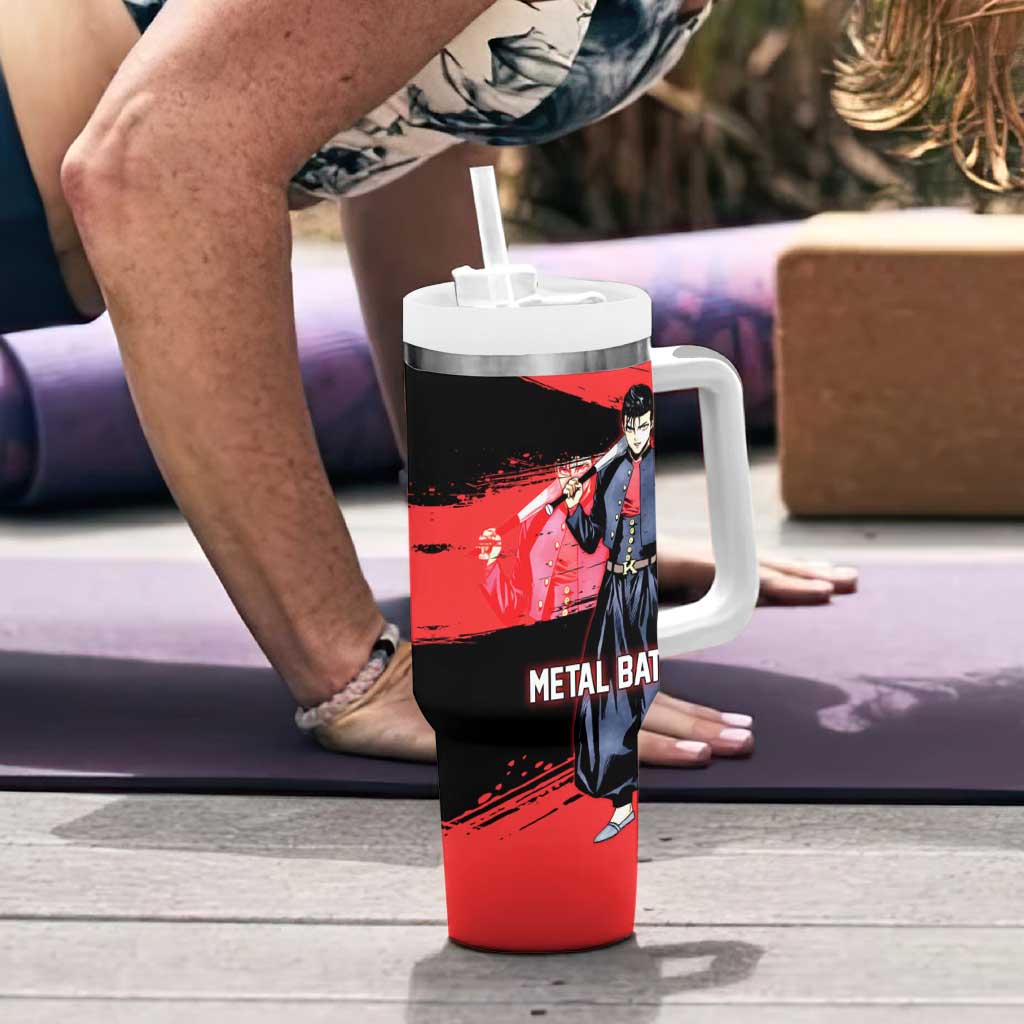 Metal Bat One Punch Man Anime Red and Black Theme Tumbler With Handle with Street Fighter Style and Bold Bat Stance - The Mazicc
