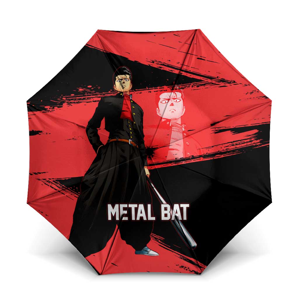 Metal Bat One Punch Man Anime Red and Black Theme Umbrella with Street Fighter Style and Bold Bat Stance - The Mazicc