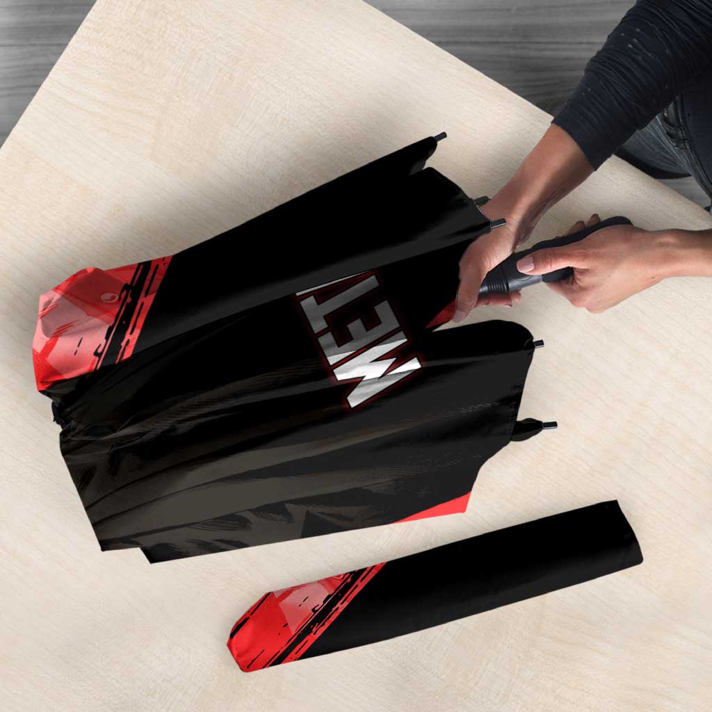 Metal Bat One Punch Man Anime Red and Black Theme Umbrella with Street Fighter Style and Bold Bat Stance - The Mazicc