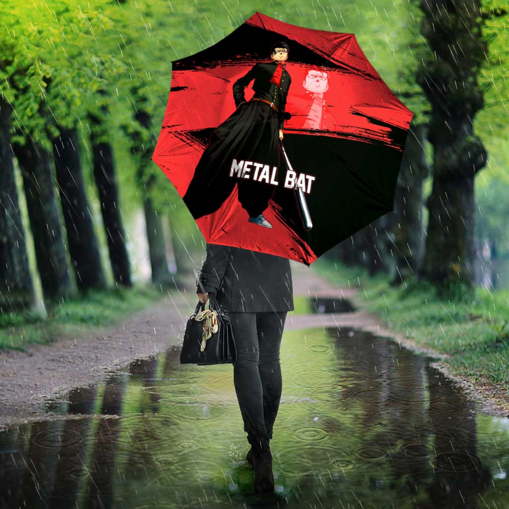 Metal Bat One Punch Man Anime Red and Black Theme Umbrella with Street Fighter Style and Bold Bat Stance - The Mazicc
