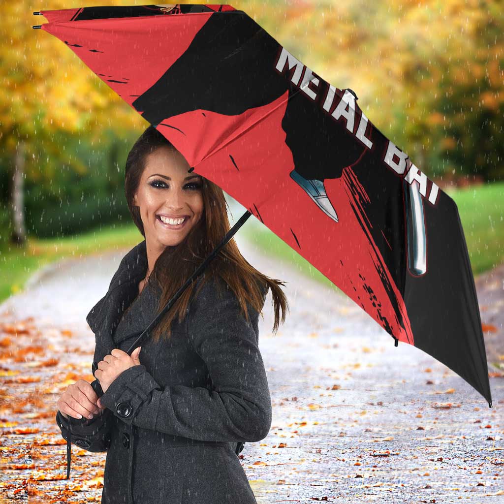 Metal Bat One Punch Man Anime Red and Black Theme Umbrella with Street Fighter Style and Bold Bat Stance - The Mazicc