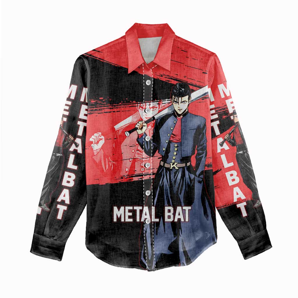 Metal Bat One Punch Man Anime Red and Black Theme Women Casual Shirt with Street Fighter Style and Bold Bat Stance - The Mazicc