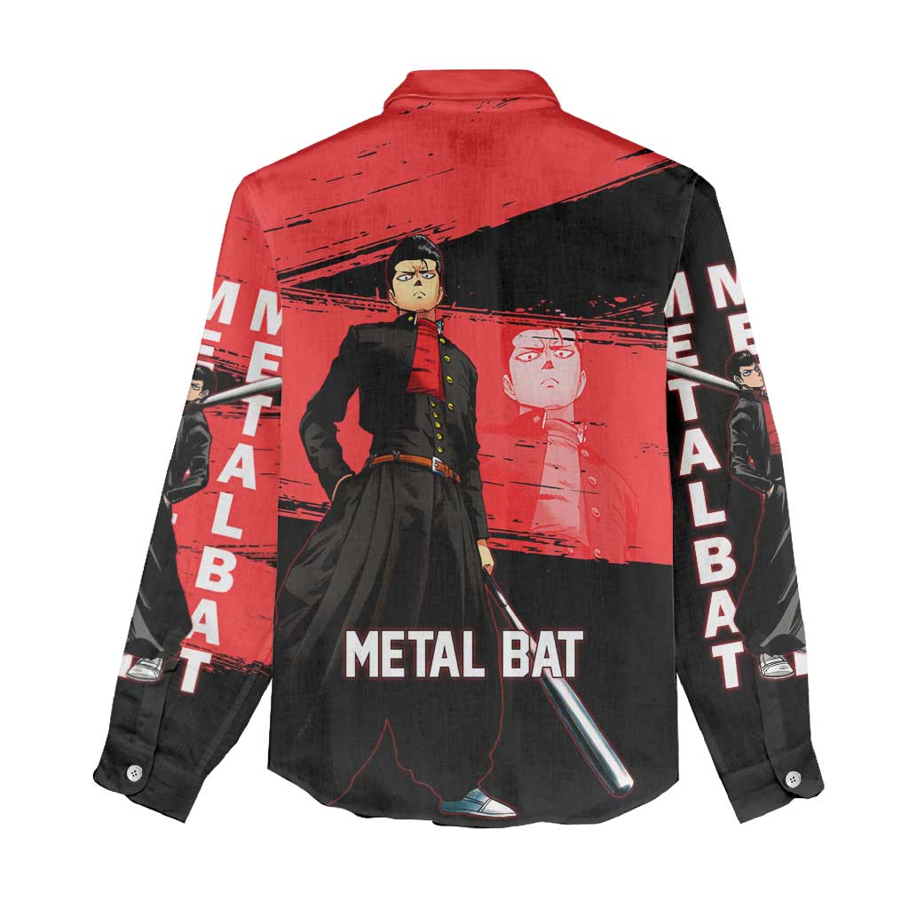 Metal Bat One Punch Man Anime Red and Black Theme Women Casual Shirt with Street Fighter Style and Bold Bat Stance - The Mazicc