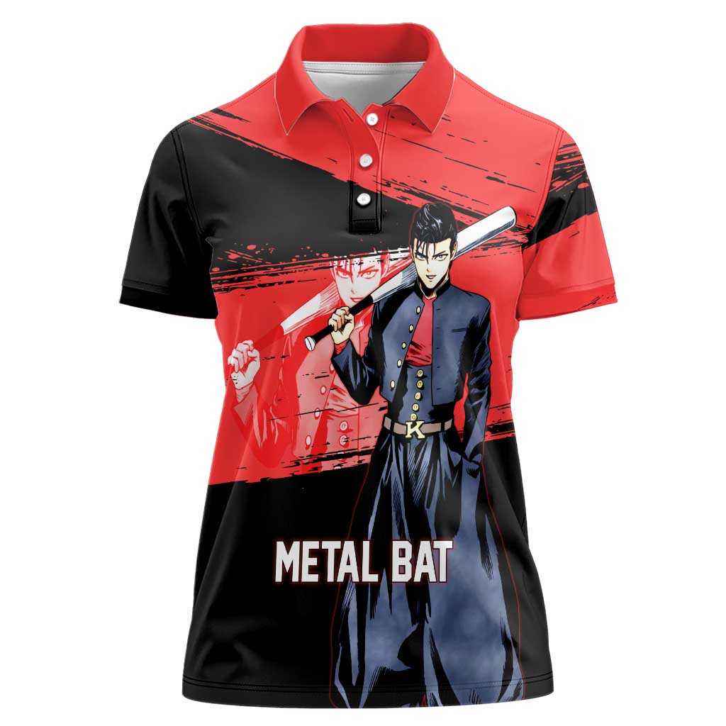 Metal Bat One Punch Man Anime Red and Black Theme Women Polo Shirt with Street Fighter Style and Bold Bat Stance - The Mazicc