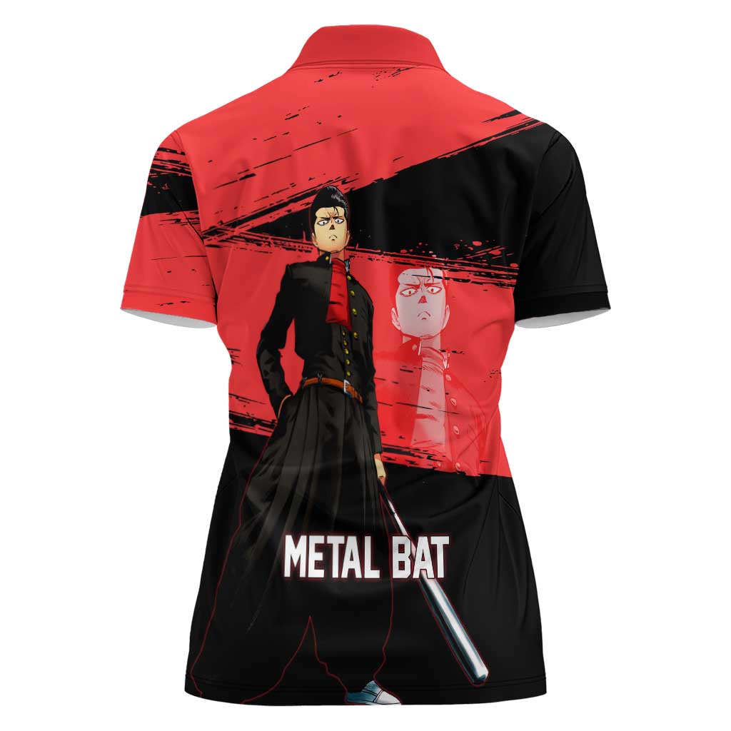 Metal Bat One Punch Man Anime Red and Black Theme Women Polo Shirt with Street Fighter Style and Bold Bat Stance - The Mazicc