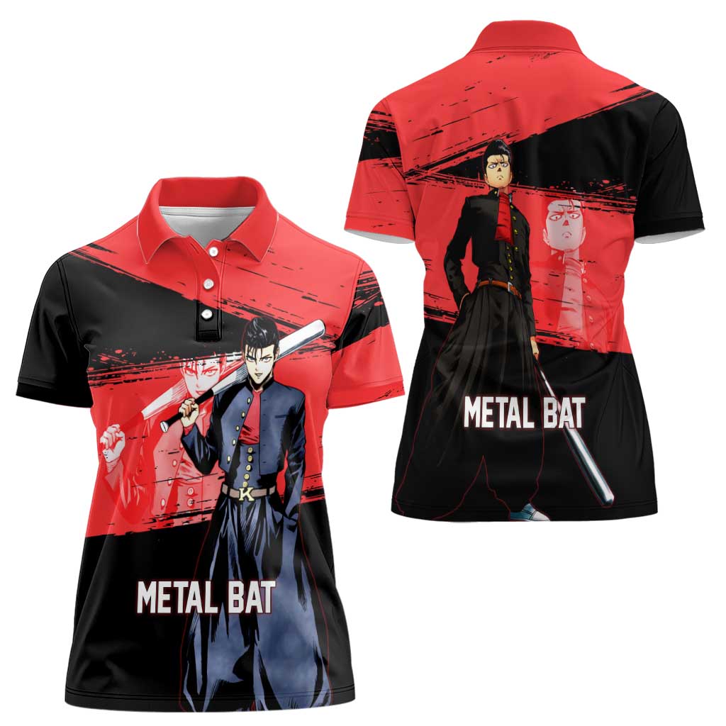 Metal Bat One Punch Man Anime Red and Black Theme Women Polo Shirt with Street Fighter Style and Bold Bat Stance - The Mazicc