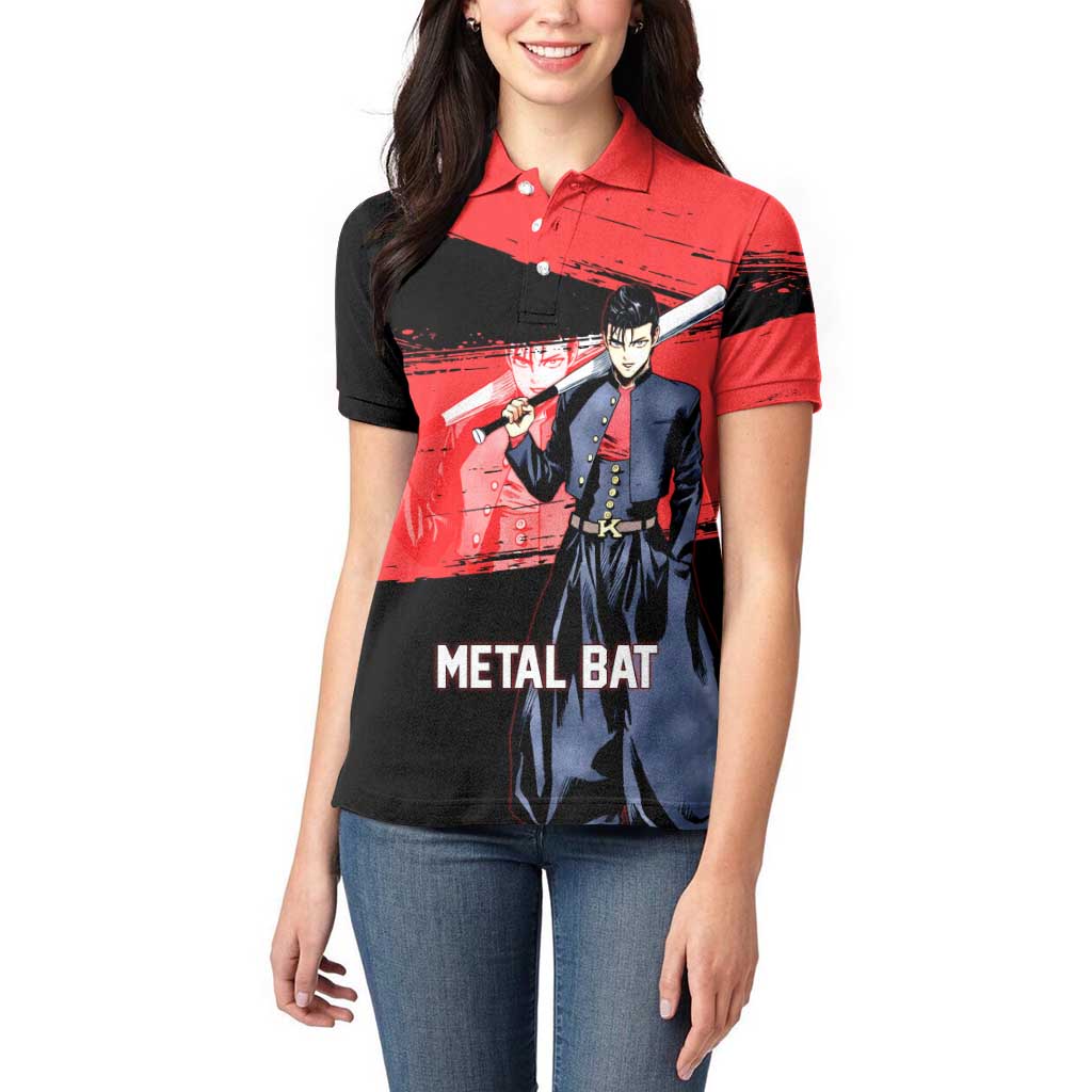 Metal Bat One Punch Man Anime Red and Black Theme Women Polo Shirt with Street Fighter Style and Bold Bat Stance - The Mazicc