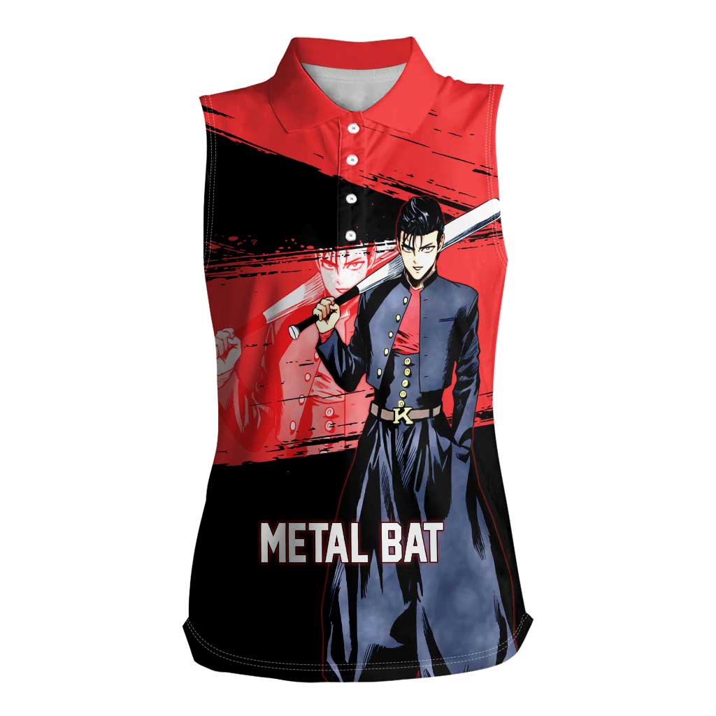 Metal Bat One Punch Man Anime Red and Black Theme Women Sleeveless Polo Shirt with Street Fighter Style and Bold Bat Stance - The Mazicc