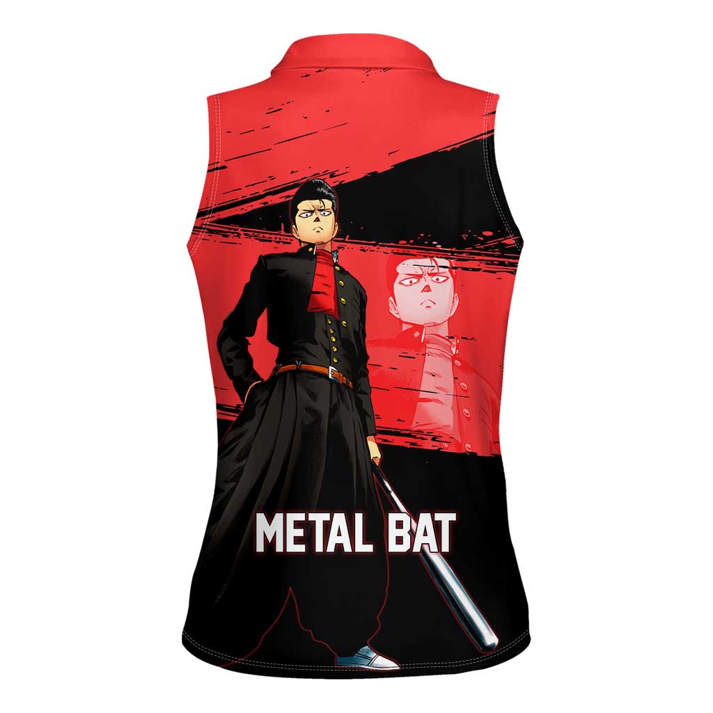 Metal Bat One Punch Man Anime Red and Black Theme Women Sleeveless Polo Shirt with Street Fighter Style and Bold Bat Stance - The Mazicc