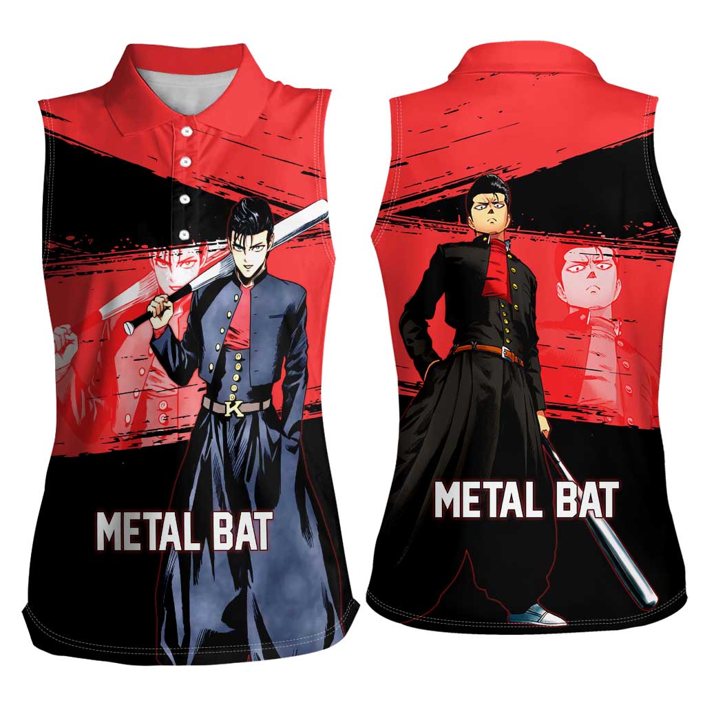 Metal Bat One Punch Man Anime Red and Black Theme Women Sleeveless Polo Shirt with Street Fighter Style and Bold Bat Stance - The Mazicc
