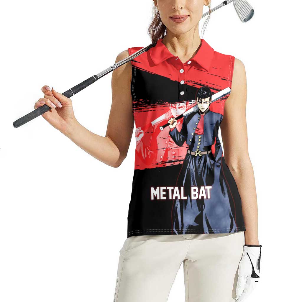 Metal Bat One Punch Man Anime Red and Black Theme Women Sleeveless Polo Shirt with Street Fighter Style and Bold Bat Stance - The Mazicc