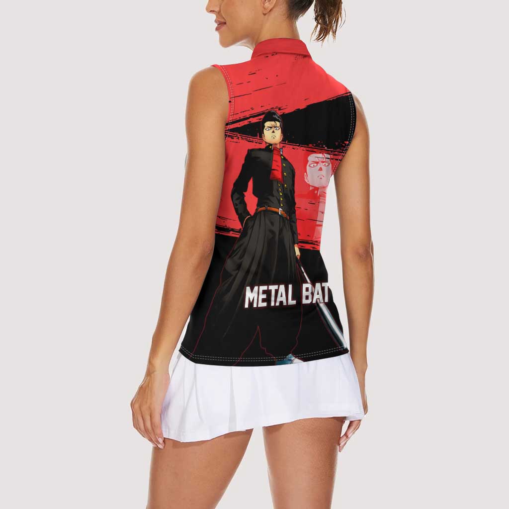Metal Bat One Punch Man Anime Red and Black Theme Women Sleeveless Polo Shirt with Street Fighter Style and Bold Bat Stance - The Mazicc