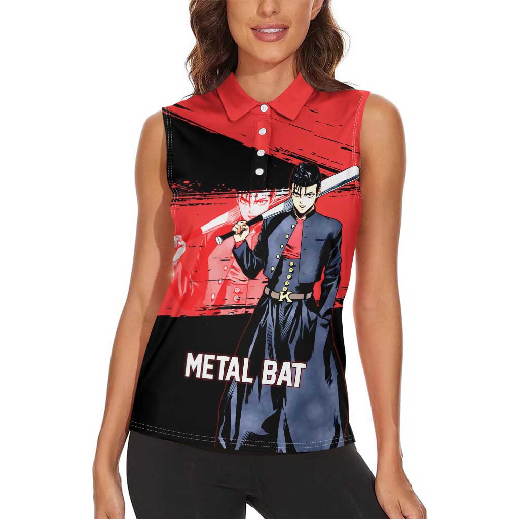 Metal Bat One Punch Man Anime Red and Black Theme Women Sleeveless Polo Shirt with Street Fighter Style and Bold Bat Stance - The Mazicc