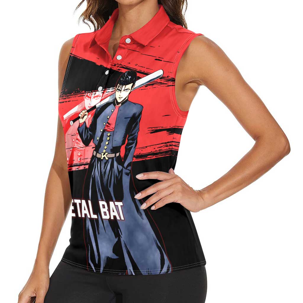 Metal Bat One Punch Man Anime Red and Black Theme Women Sleeveless Polo Shirt with Street Fighter Style and Bold Bat Stance - The Mazicc