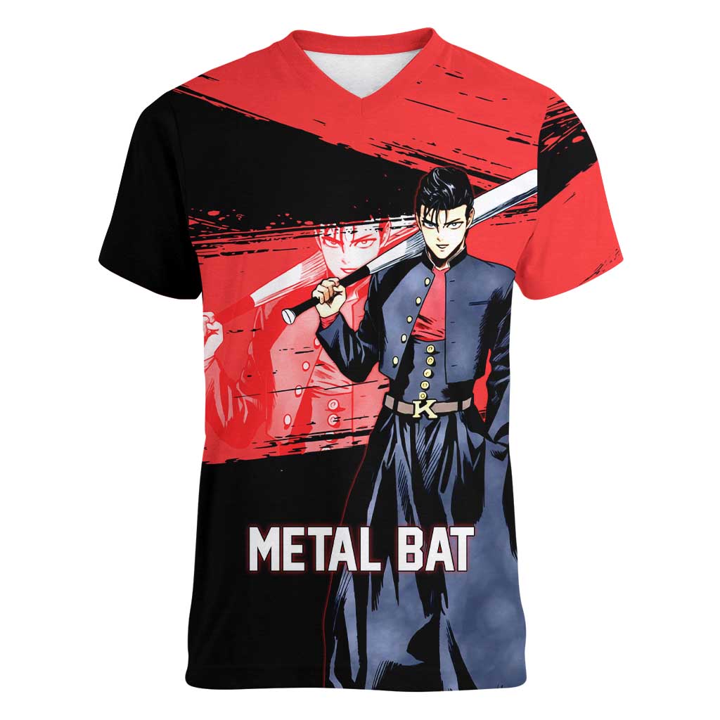 Metal Bat One Punch Man Anime Red and Black Theme Women V-Neck T-Shirt with Street Fighter Style and Bold Bat Stance - The Mazicc
