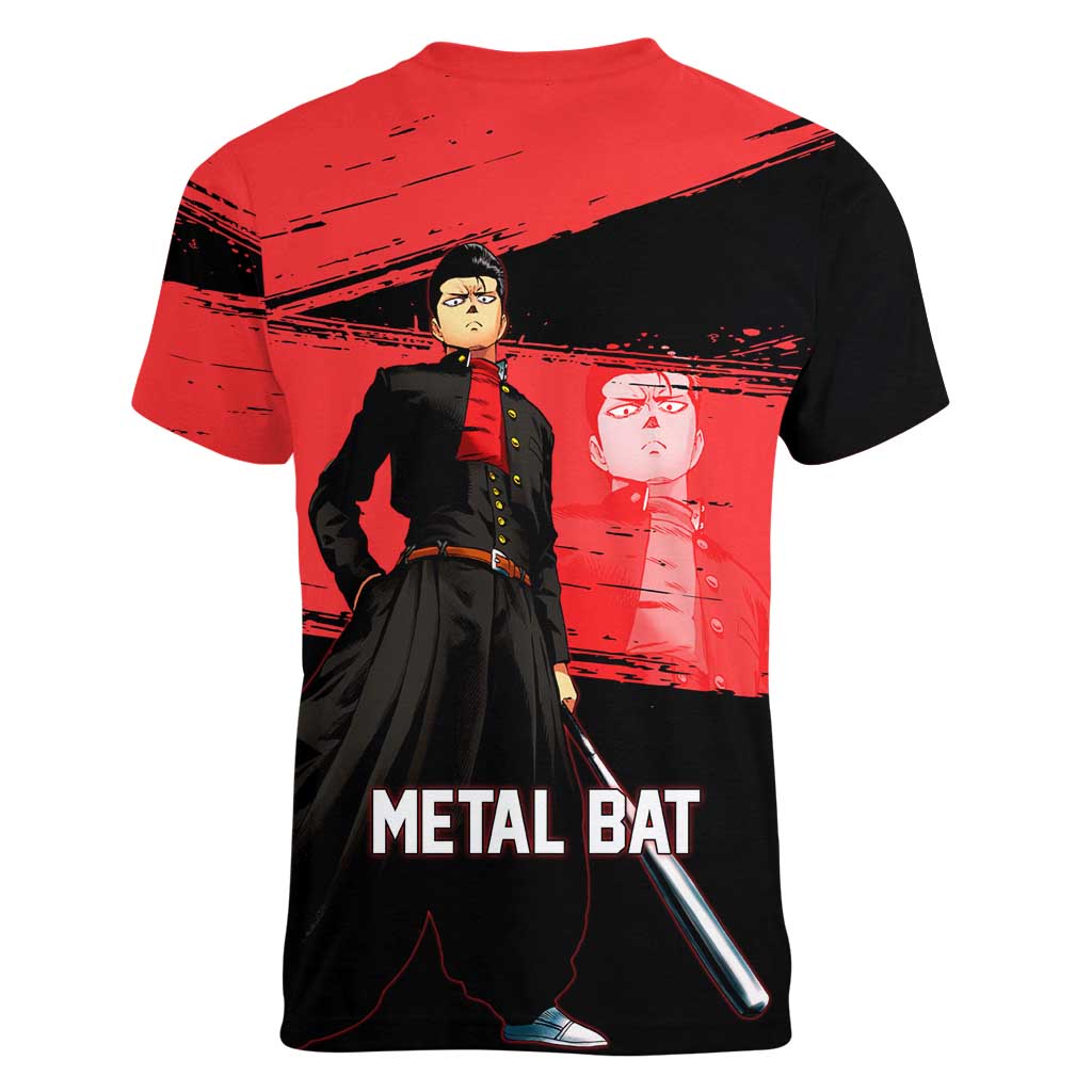 Metal Bat One Punch Man Anime Red and Black Theme Women V-Neck T-Shirt with Street Fighter Style and Bold Bat Stance - The Mazicc