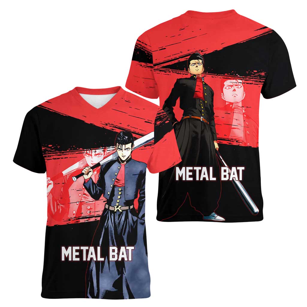 Metal Bat One Punch Man Anime Red and Black Theme Women V-Neck T-Shirt with Street Fighter Style and Bold Bat Stance - The Mazicc