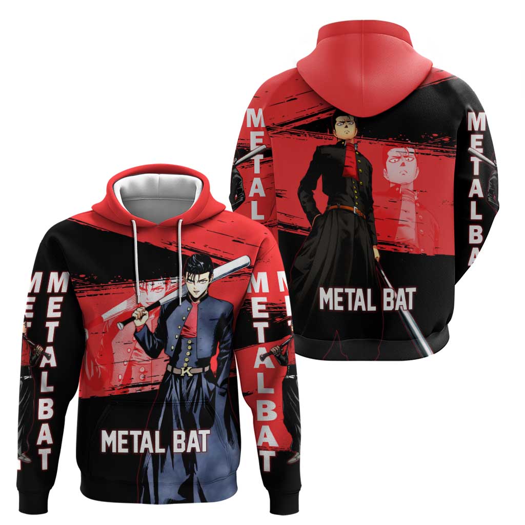 Metal Bat One Punch Man Anime Red and Black Theme Zip Hoodie with Street Fighter Style and Bold Bat Stance - The Mazicc