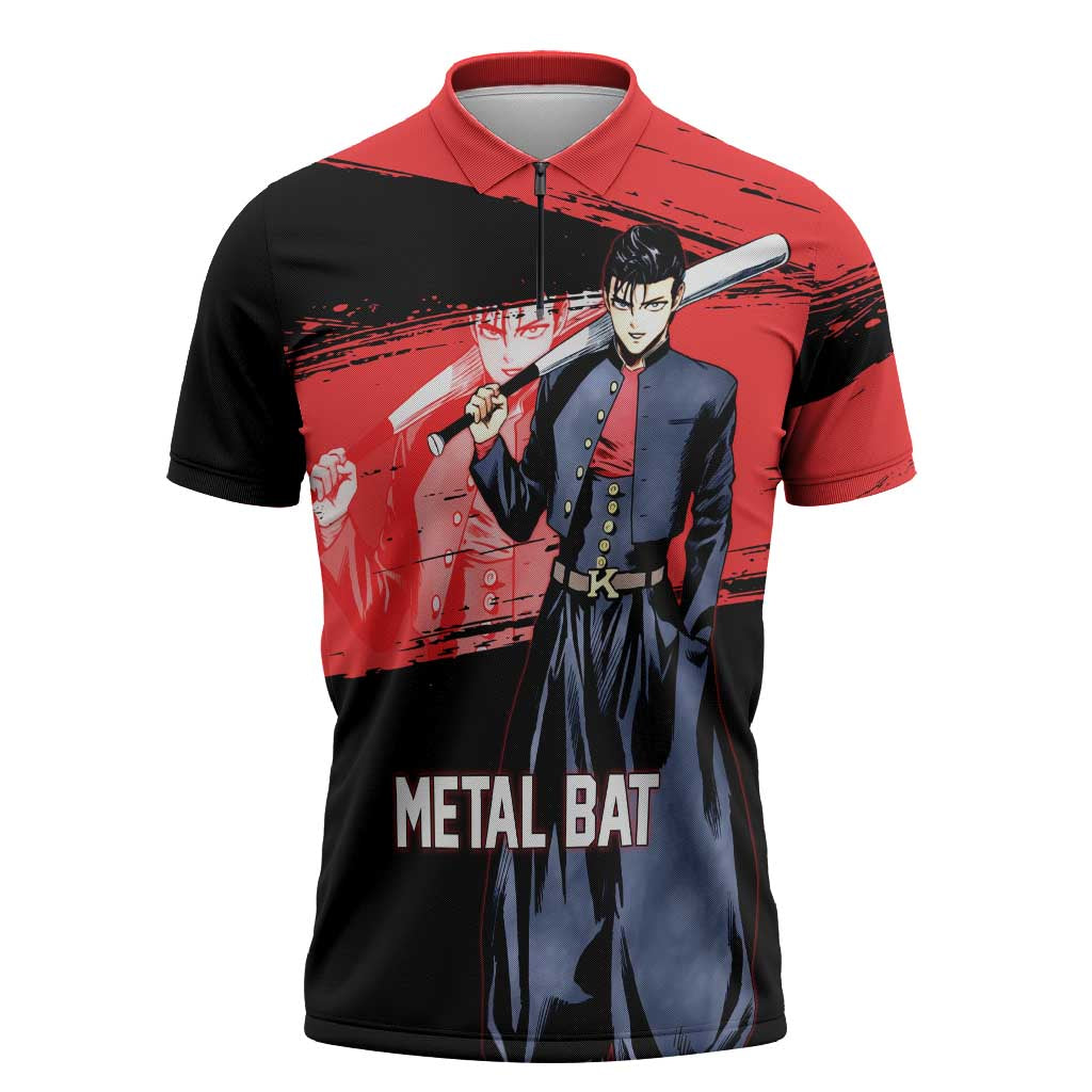 Metal Bat One Punch Man Anime Red and Black Theme Zipper Polo Shirt with Street Fighter Style and Bold Bat Stance - The Mazicc