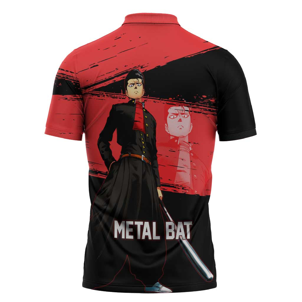 Metal Bat One Punch Man Anime Red and Black Theme Zipper Polo Shirt with Street Fighter Style and Bold Bat Stance - The Mazicc