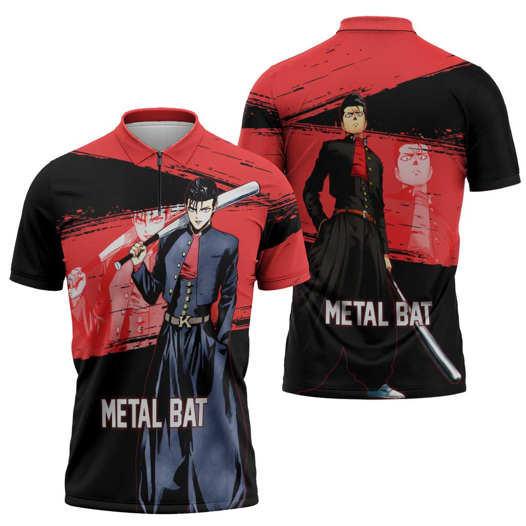 Metal Bat One Punch Man Anime Red and Black Theme Zipper Polo Shirt with Street Fighter Style and Bold Bat Stance - The Mazicc