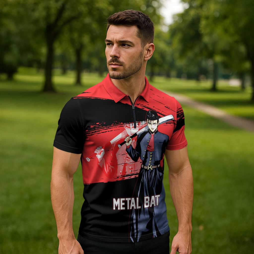 Metal Bat One Punch Man Anime Red and Black Theme Zipper Polo Shirt with Street Fighter Style and Bold Bat Stance - The Mazicc