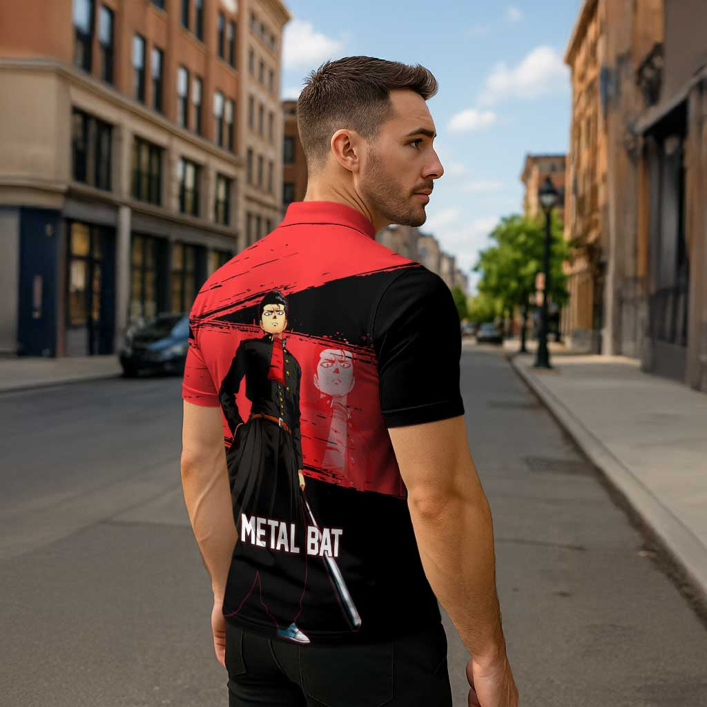 Metal Bat One Punch Man Anime Red and Black Theme Zipper Polo Shirt with Street Fighter Style and Bold Bat Stance - The Mazicc