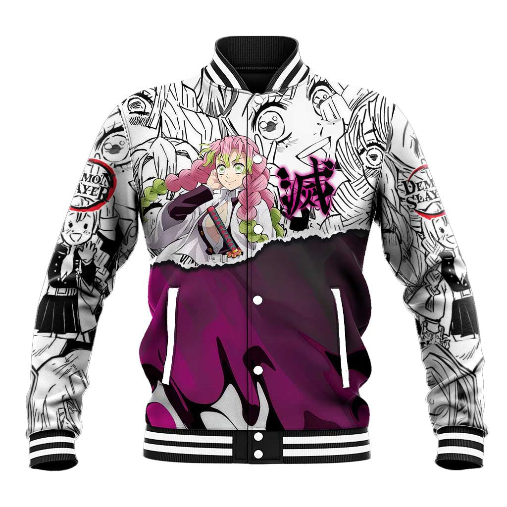 Mitsuri Kanroji Demon Slayer Manga Collage Baseball Jacket with Pink and Purple Love Hashira Aesthetic - The Mazicc