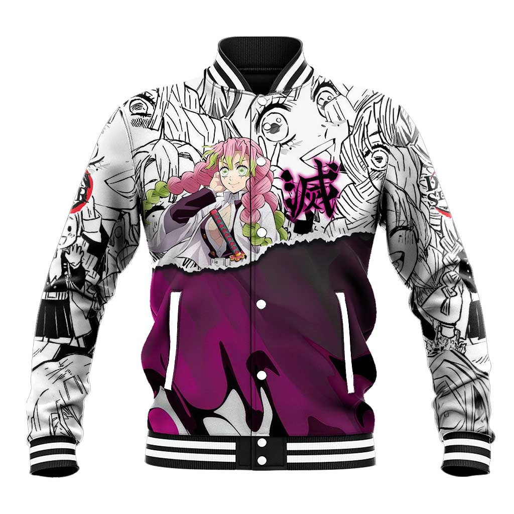 Mitsuri Kanroji Demon Slayer Manga Collage Baseball Jacket with Pink and Purple Love Hashira Aesthetic - The Mazicc