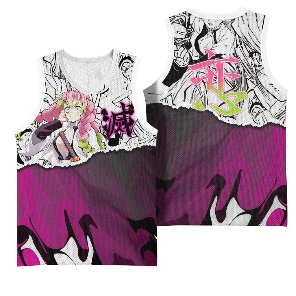 Mitsuri Kanroji Demon Slayer Manga Collage Basketball Jersey with Pink and Purple Love Hashira Aesthetic - The Mazicc