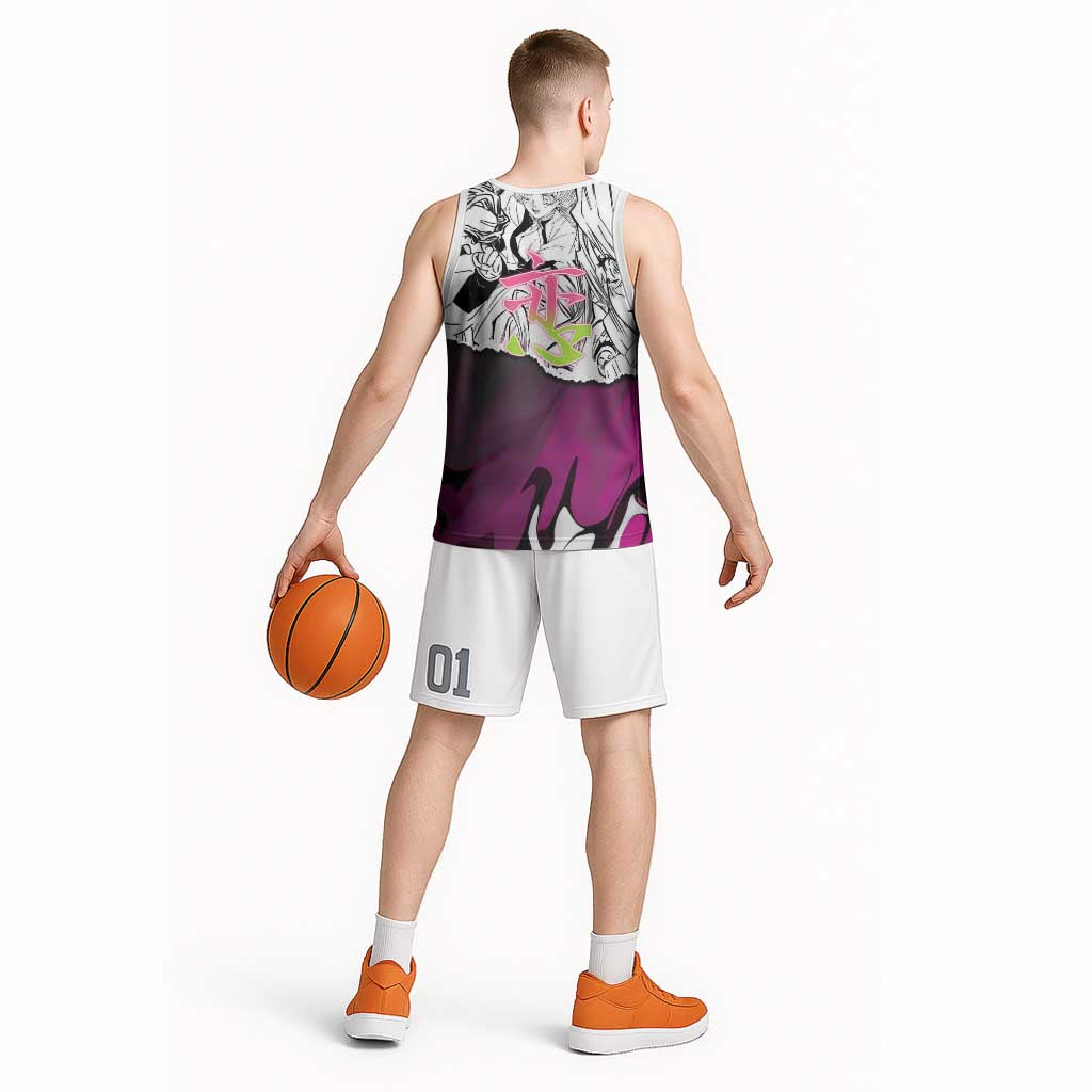 Mitsuri Kanroji Demon Slayer Manga Collage Basketball Jersey with Pink and Purple Love Hashira Aesthetic - The Mazicc