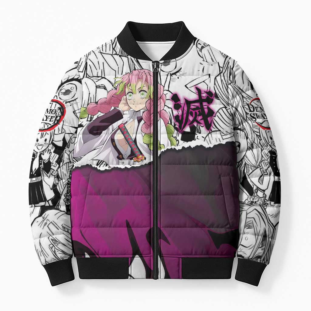 Mitsuri Kanroji Demon Slayer Manga Collage Bomber Puffer Jacket with Pink and Purple Love Hashira Aesthetic - The Mazicc