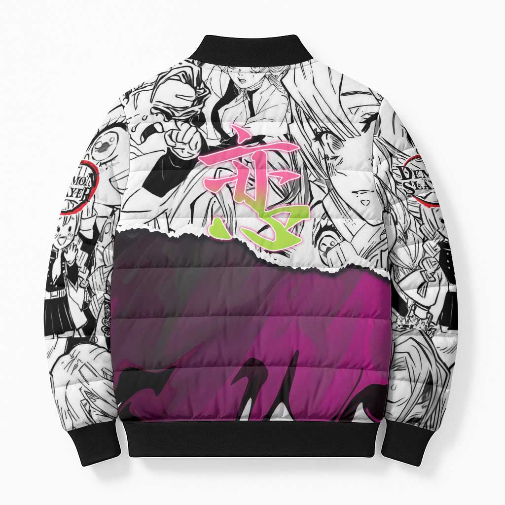 Mitsuri Kanroji Demon Slayer Manga Collage Bomber Puffer Jacket with Pink and Purple Love Hashira Aesthetic - The Mazicc